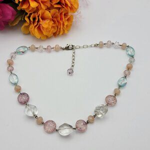 Multicolor Crystal Necklace Pastel Tones Various Shapes 17" Adj. Silver Tone